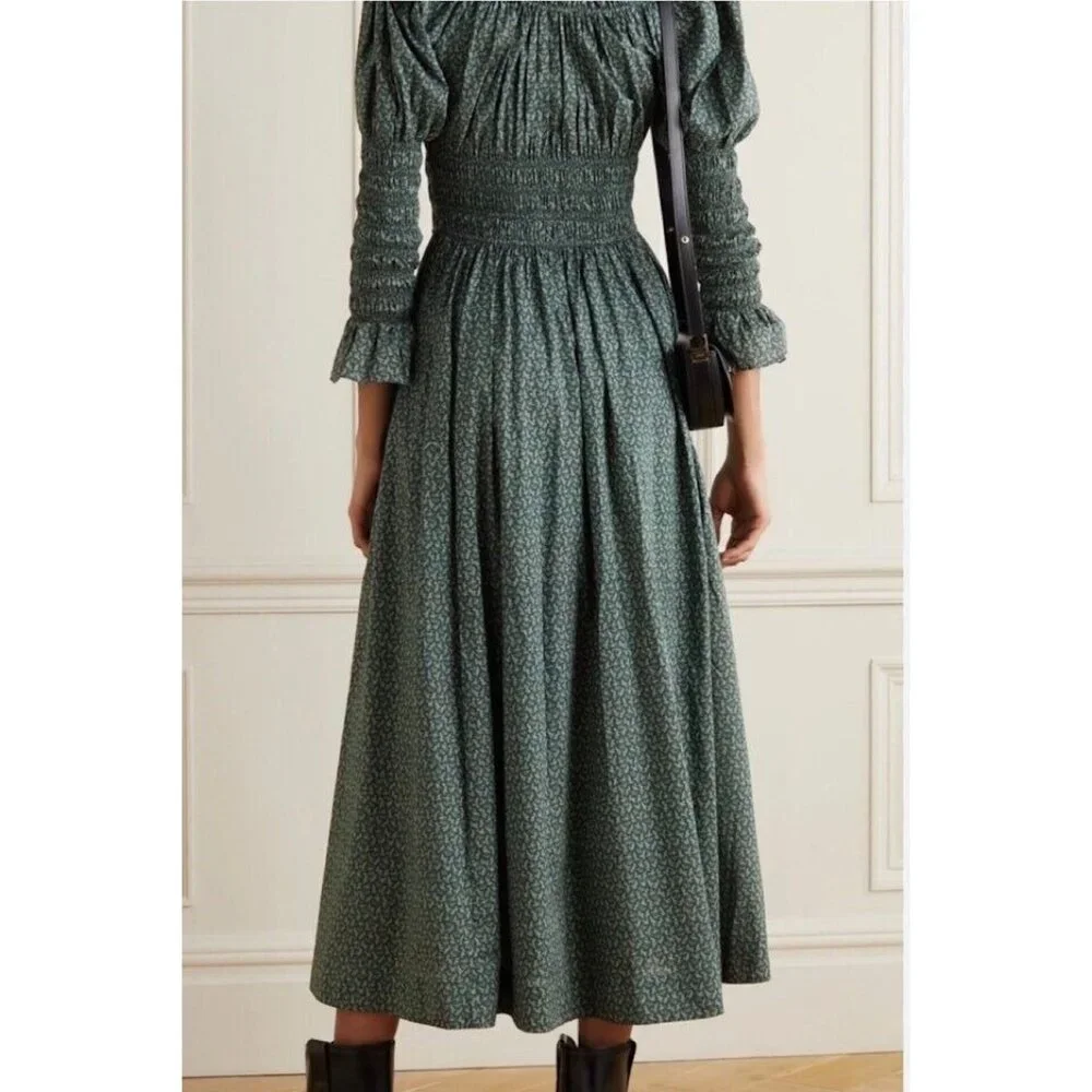 DOEN Kaira Midi Dress Printed Smocked Ruffle Evergreen Puff Sleeve S New - Picture 10 of 11